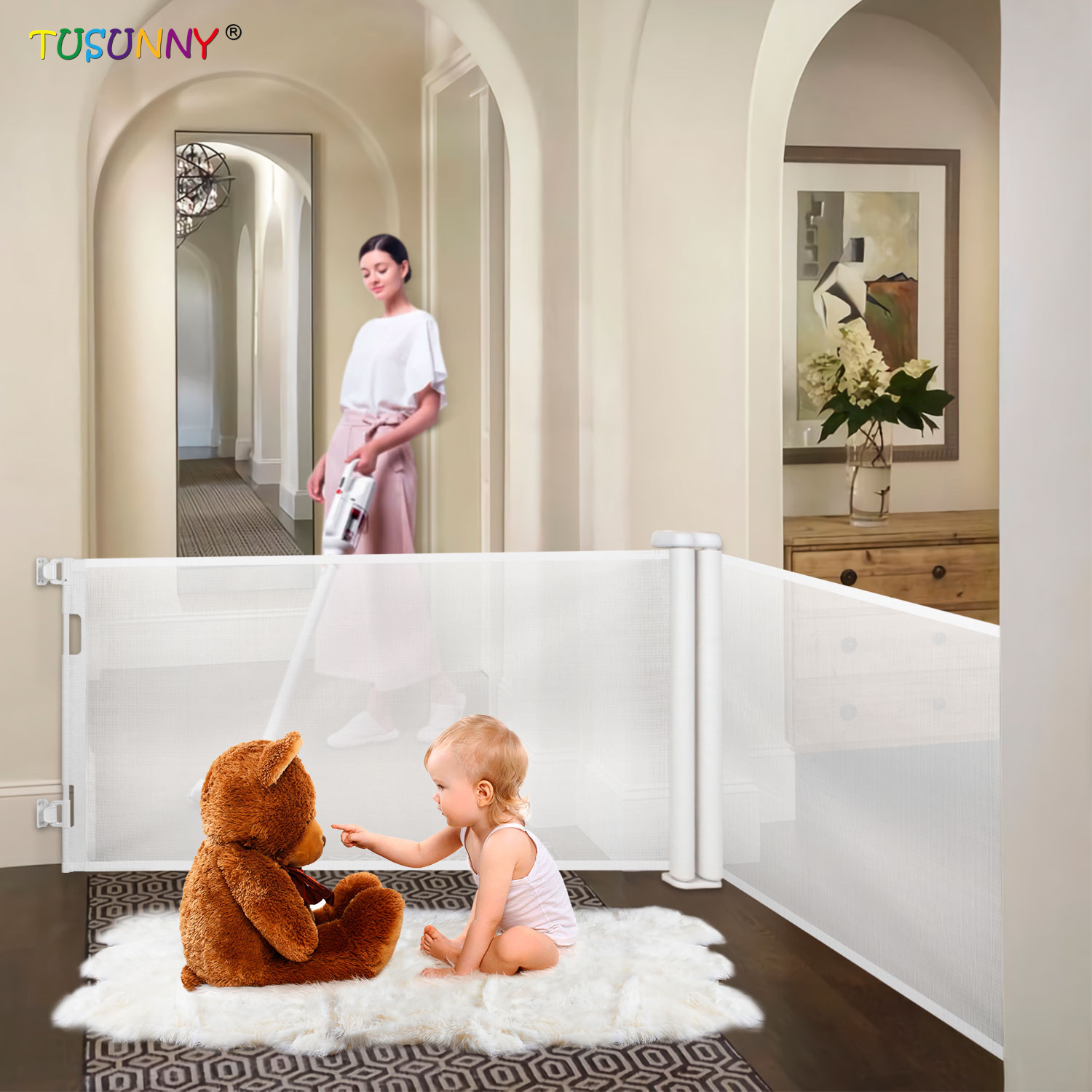 SH20.009A|New Design Double Retractable Safety Gate Baby Multifunction Mesh Gate Super-Wide Children Gate